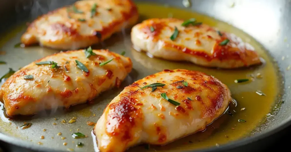 Thin sliced chicken breasts being pan-fried in a skillet, showing a crispy golden crust being flipped, with a sprinkle of herbs.