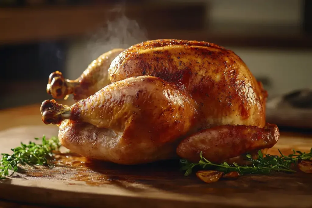 Golden-brown roasted chicken with crispy skin on a wooden cutting board.