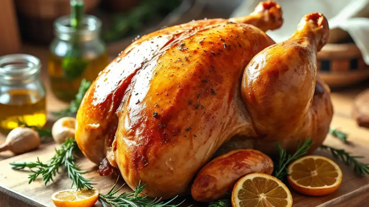 Golden-brown roasted chicken garnished with rosemary and lemon slices on a wooden cutting board in a rustic kitchen setting.