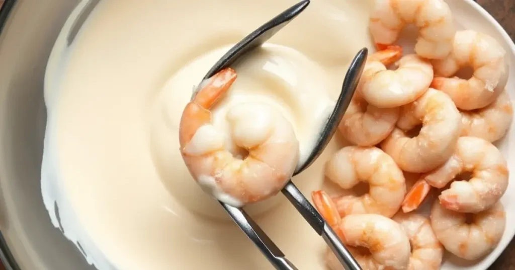 Shrimp being dipped into batter with tongs.