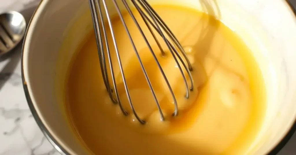 Honey sauce being whisked in a mixing bowl.