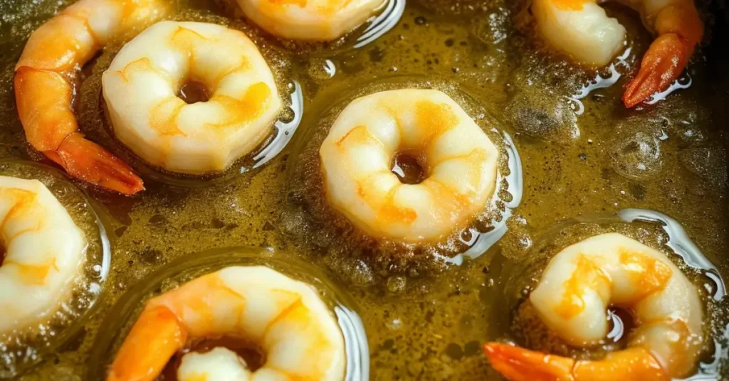 Shrimp frying in hot oil in a skillet.