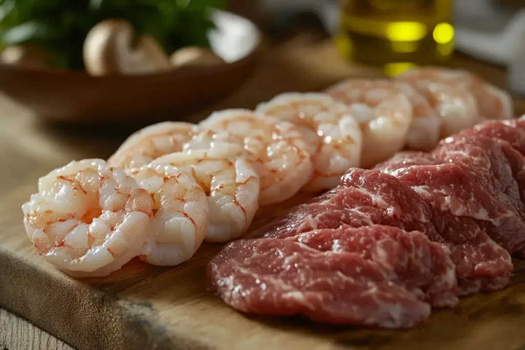 Fresh raw shrimp and beef slices on a wooden cutting board.