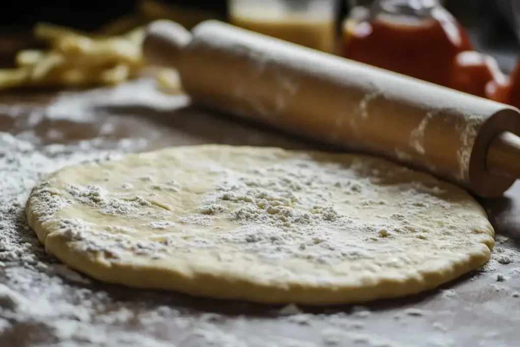 Pizza dough being rolled out with a rolling pin on a floured surface.