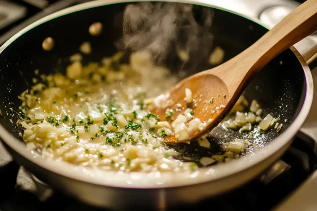 Shallots and garlic being sauteed in butter in a pan.