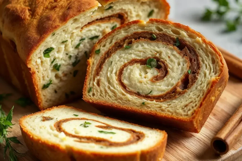 A close-up of sliced savory herb-infused cottage cheese bread with a golden-brown crust.