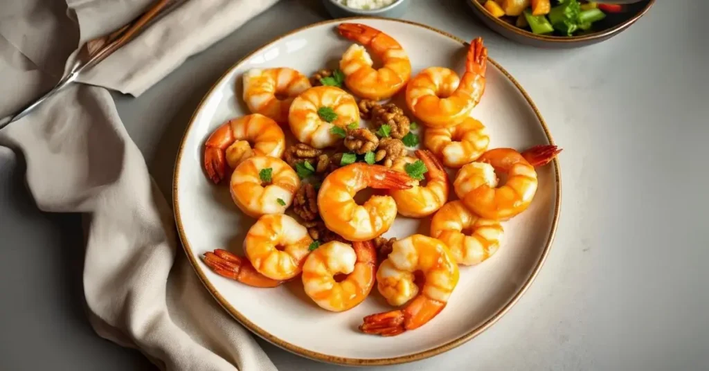 Plated honey walnut shrimp with steamed rice and sautéed vegetables.