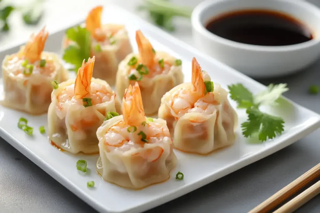 Plated shrimp shumai served with soy sauce and chopsticks.