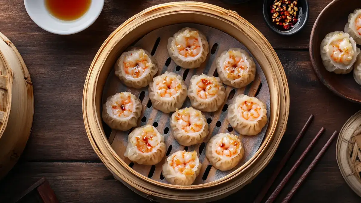 Overhead shot of a bamboo steamer filled with shrimp shumai.