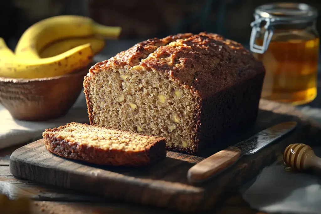 Slices of banana bread made from sourdough discard.