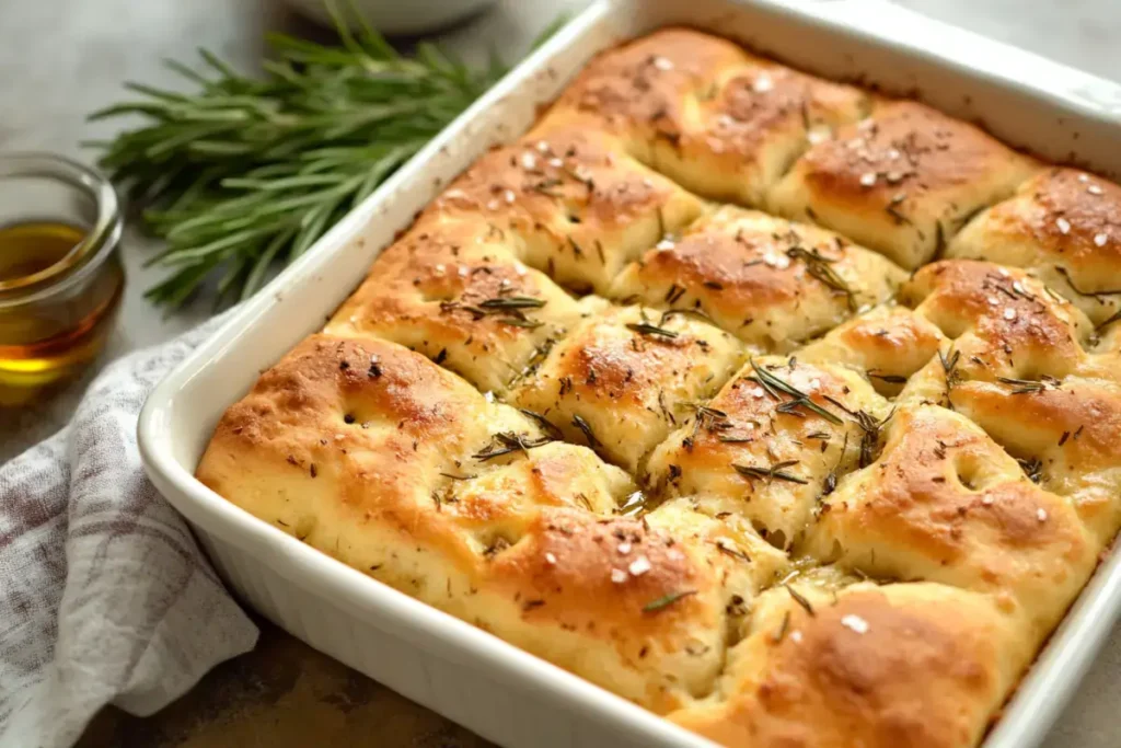 Focaccia made with sourdough discard, topped with rosemary and garlic.