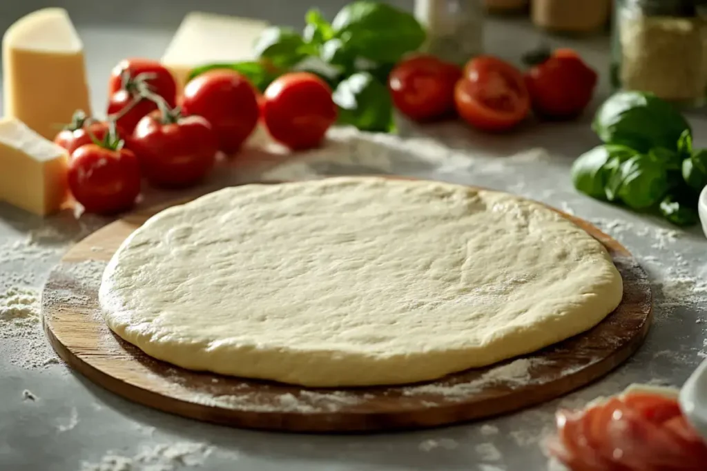 Pizza dough prepared with sourdough discard, ready for toppings.
