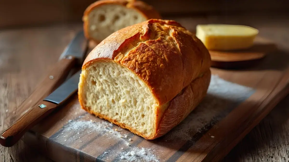 Golden brown sourdough sandwich bread sliced on a wooden board