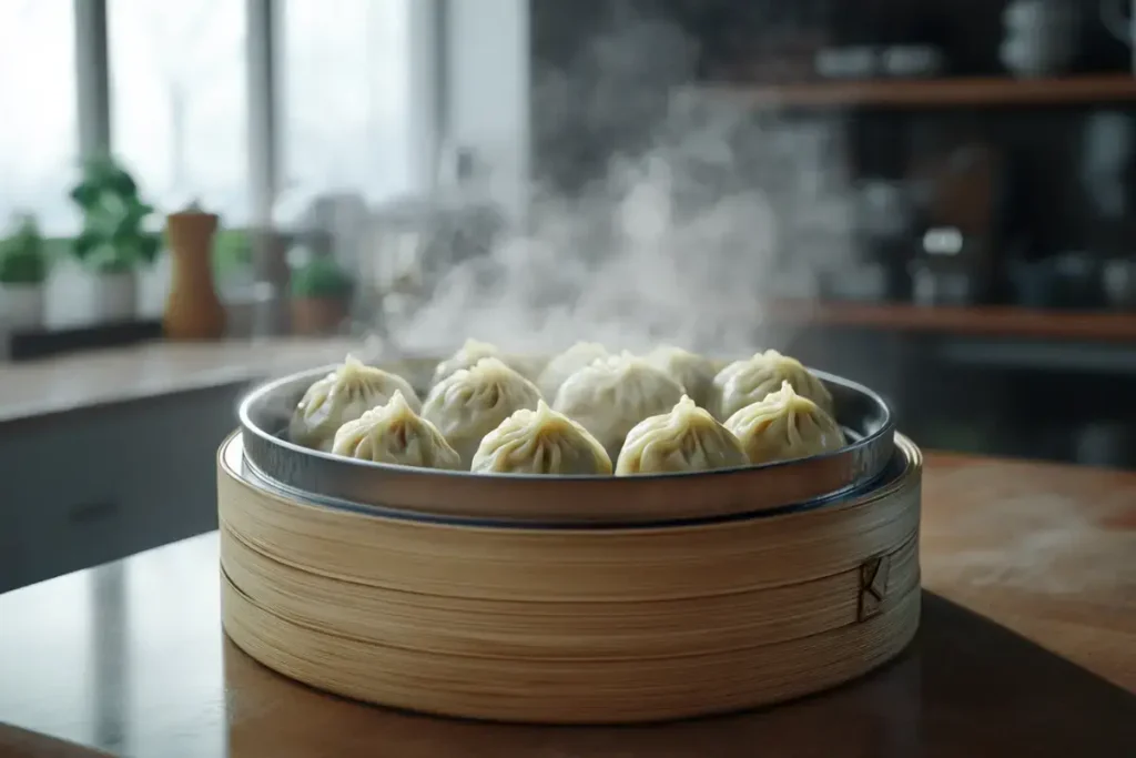 Dumplings steaming in a bamboo steamer.