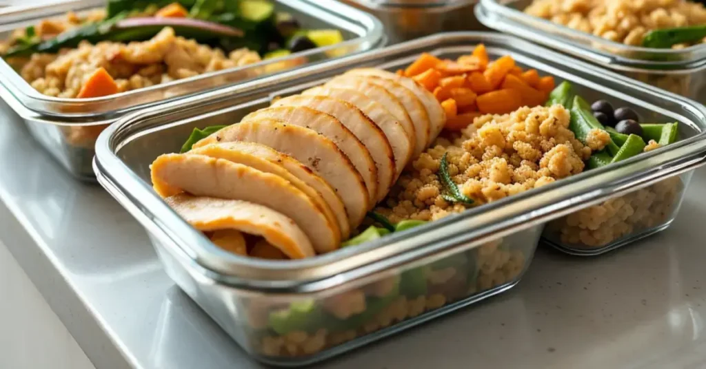 Cooked thin sliced chicken breasts in meal prep containers with assorted sides for weekly meal planning and organization.