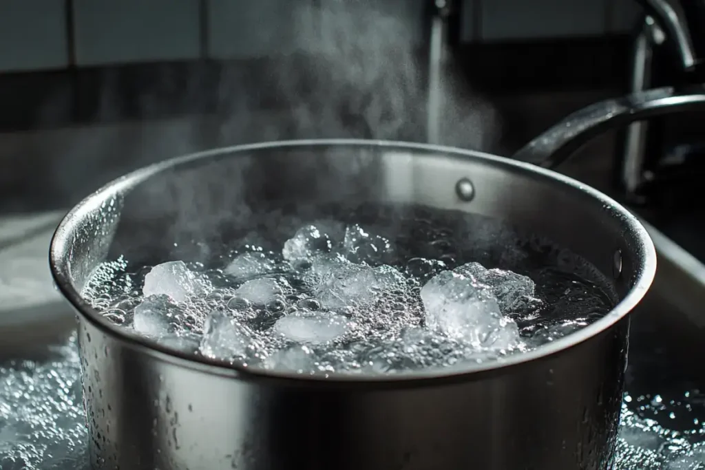 A pot of hot water being cooled with melting ice cubes.