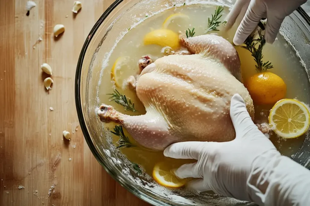 Whole chicken being placed into a bowl of seasoned water with herbs and lemon.