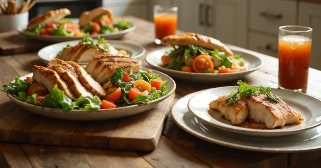 Assorted dishes with thin sliced chicken breasts on a wooden table in a home kitchen setting, showcasing versatility in meals.