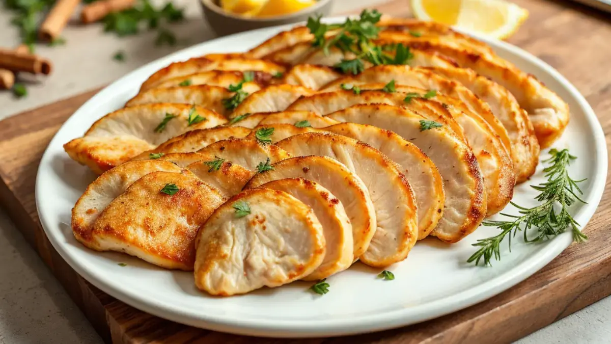 Golden-brown thin sliced chicken breasts garnished with fresh herbs on a wooden cutting board.