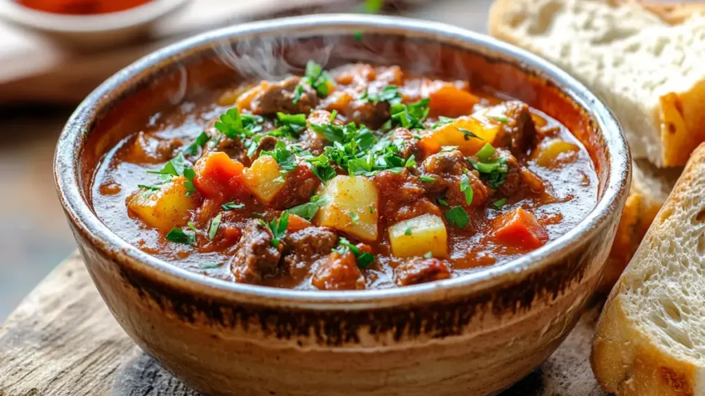 A steaming bowl of Hungarian stew served with bread