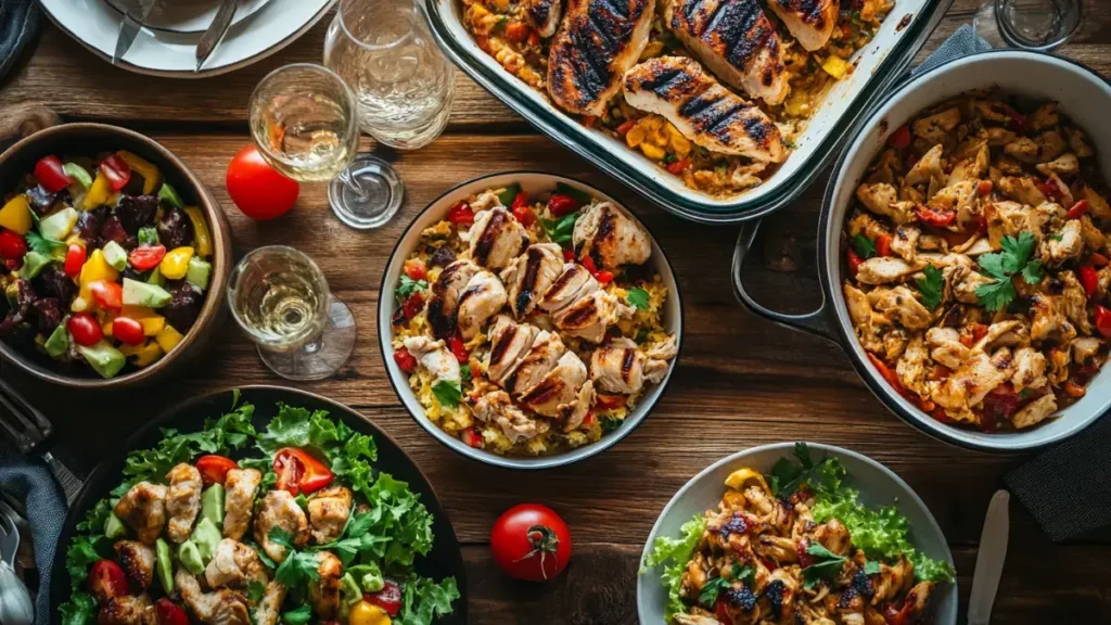 Inviting dinner table with various chicken dishes, including grilled chicken, casserole, salad, and stir-fry.