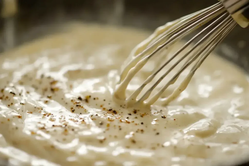 Whisking creamy Cajun Alfredo sauce in a pan.