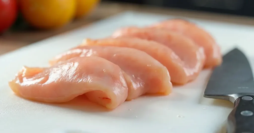 Fresh raw thin sliced chicken breast on a white chopping board with a sharp knife, emphasizing the preparation of lean protein.