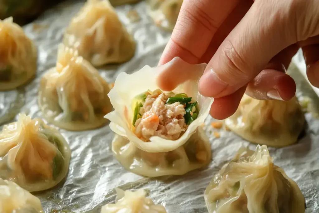 Hand wrapping wonton around beef and shrimp filling.