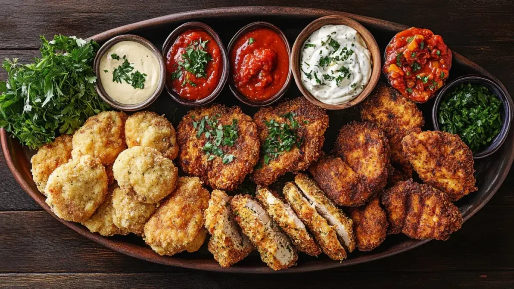 High-resolution image of a large platter filled with assorted chicken cutlets, featuring different coatings and dipping sauces, including marinara, Alfredo, and ranch, all garnished with fresh parsley.