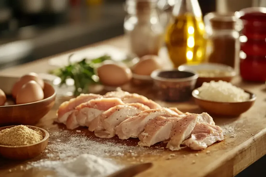 Close-up of sliced raw chicken breasts on a wooden cutting board, with ingredients like eggs, breadcrumbs, and Parmesan cheese in the background, ready for preparation.