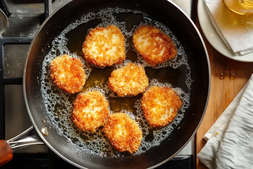 Overhead shot of chicken cutlets frying in hot oil in a skillet, turning golden brown with a crispy breadcrumb coating.