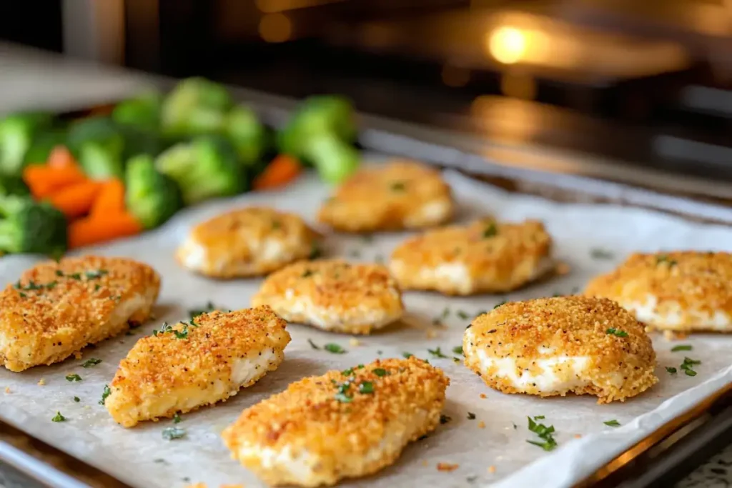 High-resolution image of baked chicken cutlets on a parchment-lined baking sheet, with golden, crispy coatings, garnished with fresh herbs.