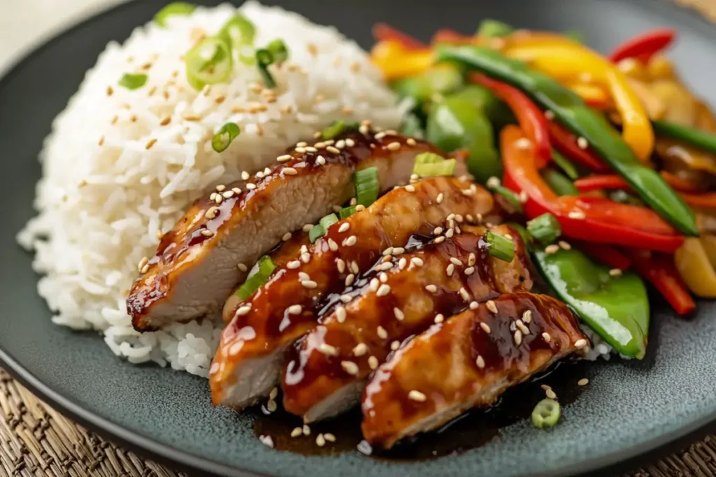 High-resolution image of sliced teriyaki chicken cutlets served with steamed white rice and a side of stir-fried vegetables, garnished with sesame seeds and green onions.