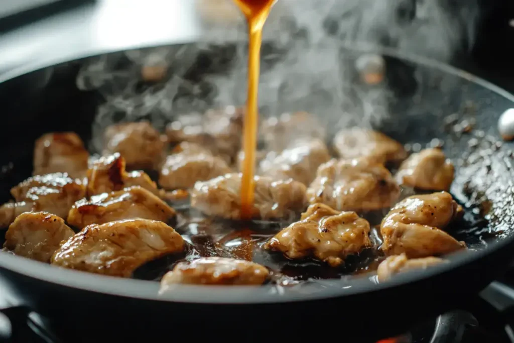 Pouring soy sauce and teriyaki over hibachi chicken in skillet