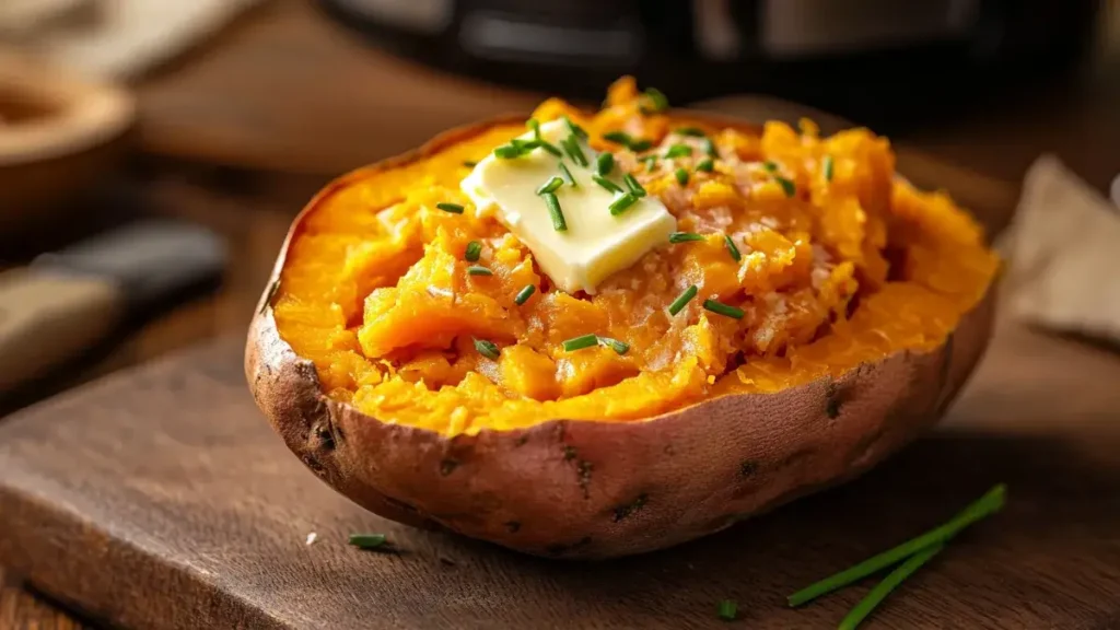 Perfectly cooked air fryer sweet potato with crispy skin and soft, fluffy inside.