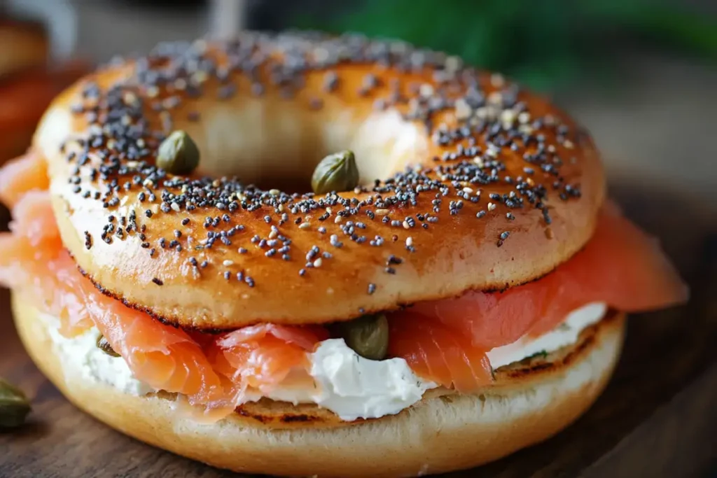 Bagel with cream cheese and cold salmon