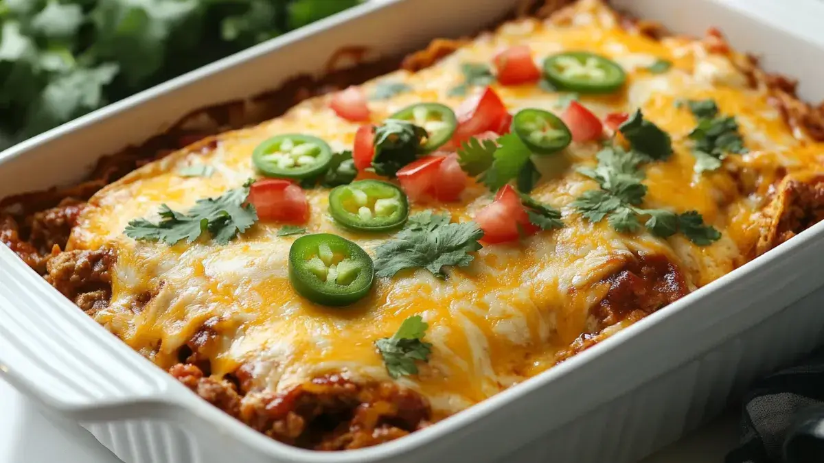 Taco casserole fresh out of the oven with melted cheese and toppings