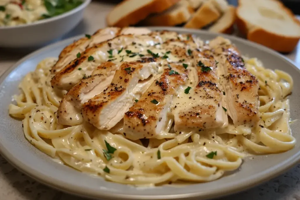 Plated Chicken Alfredo served with garlic bread and Caesar salad.