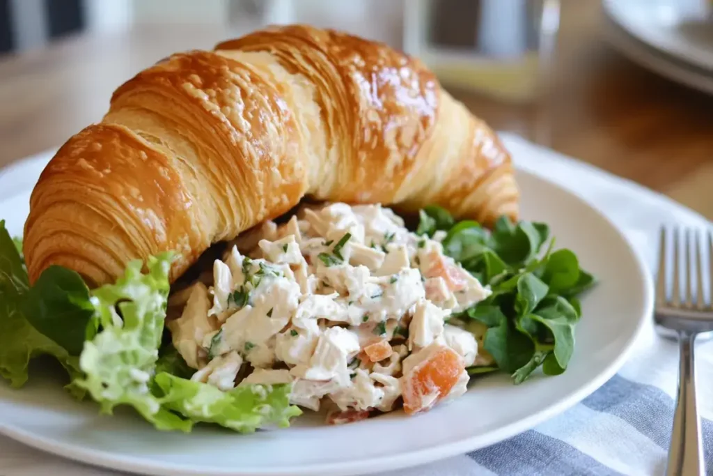 4-ingredient chicken salad served on a croissant with greens on the side.