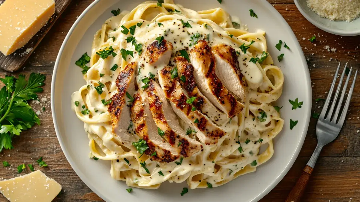 Plated Chicken Alfredo with fettuccine pasta and creamy Alfredo sauce.