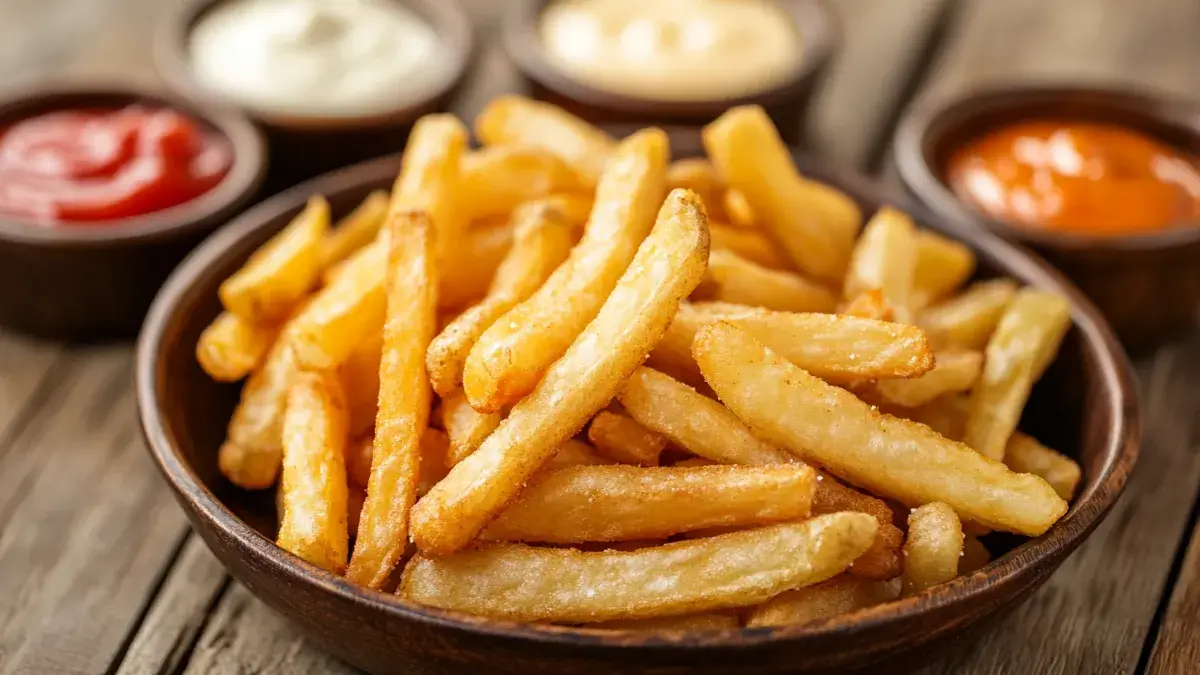 Golden crispy battered fries with dipping sauces