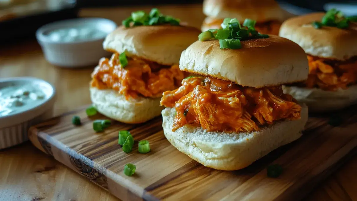 Buffalo Chicken Sliders on Wooden Table