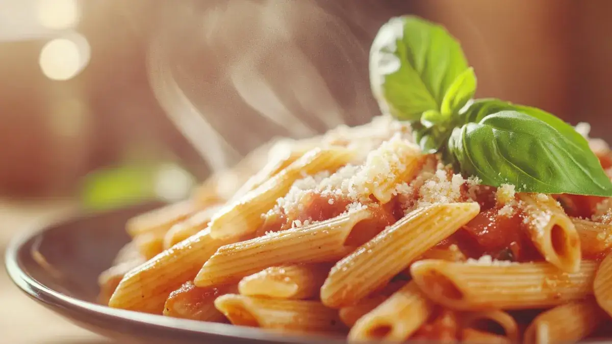 Steaming plate of penne pasta with tomato basil sauce garnished with basil and Parmesan.