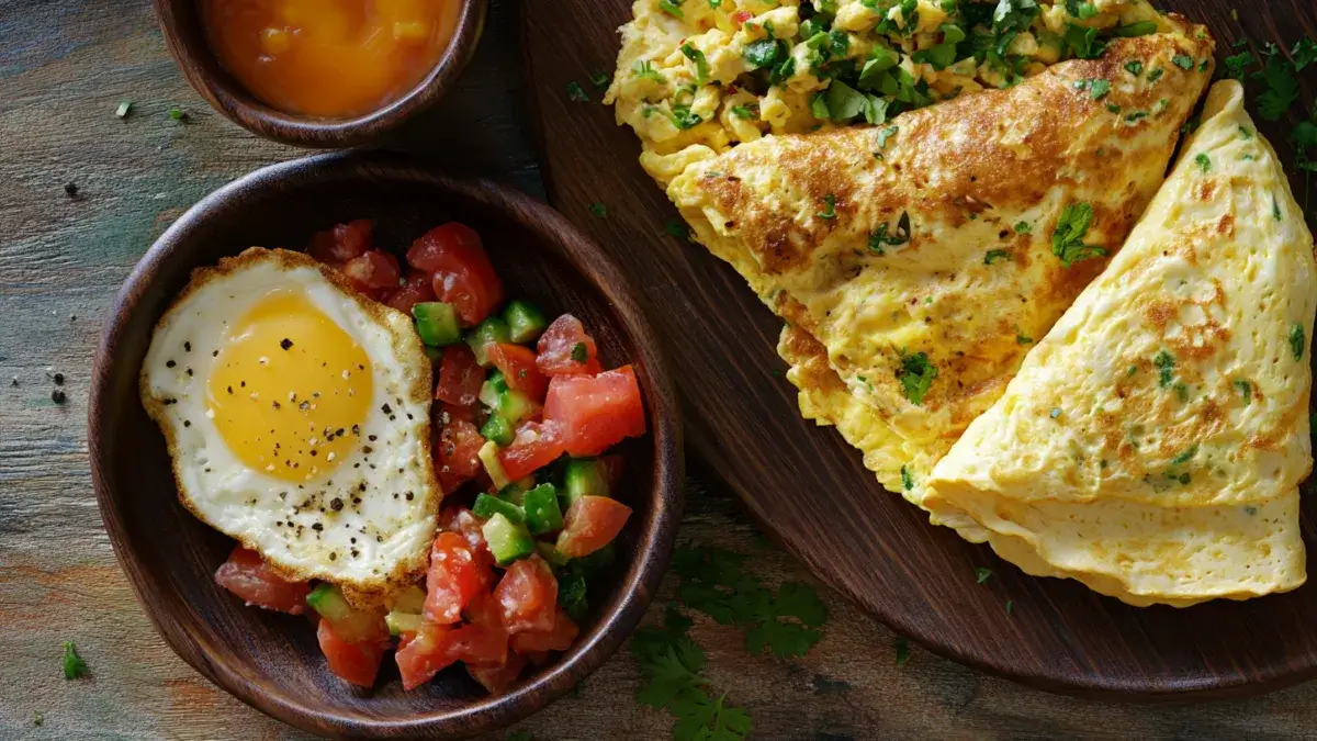 A delicious assortment of egg dishes including scrambled eggs, an omelette, and sunny-side-up eggs.