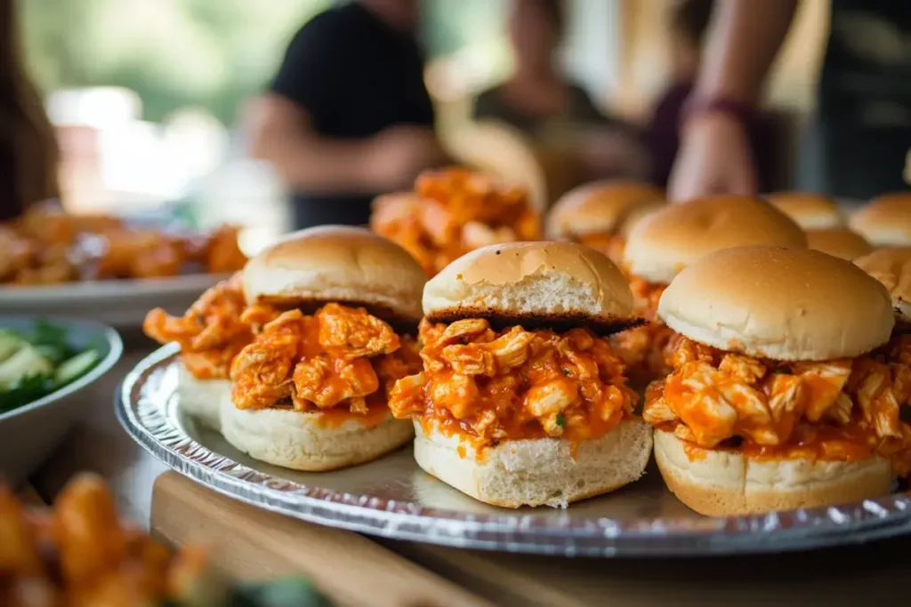 Enjoying Buffalo Chicken Sliders at a Party