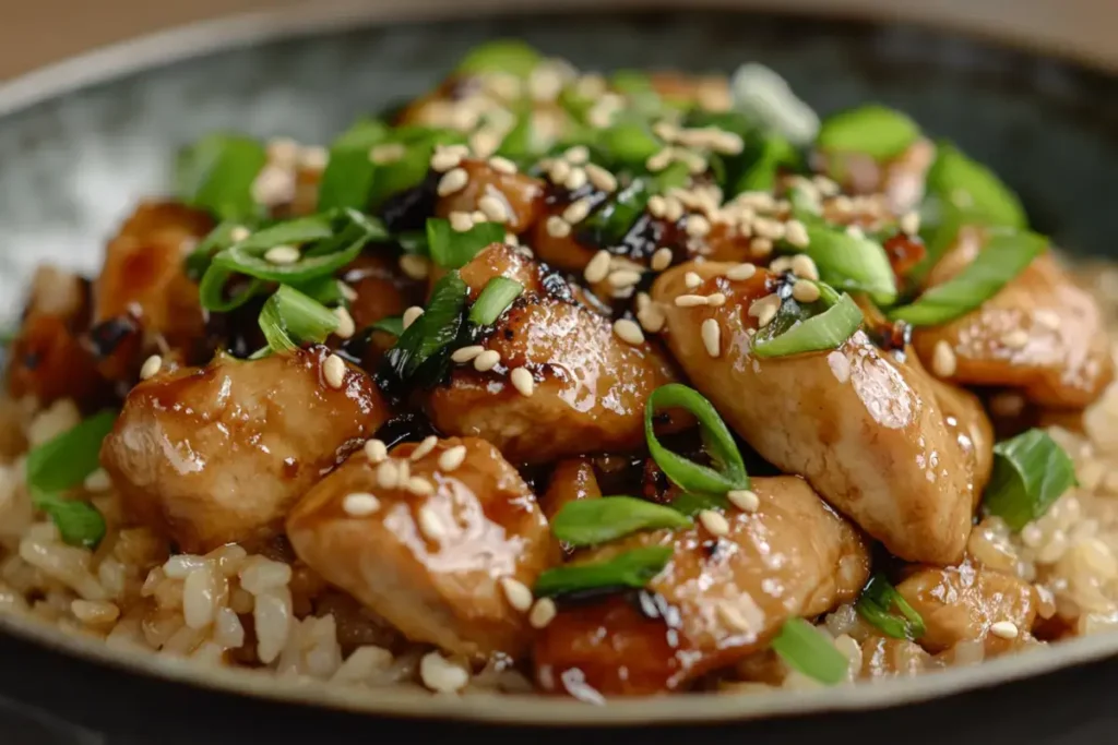 Final plated hibachi chicken garnished with green onions and sesame seeds