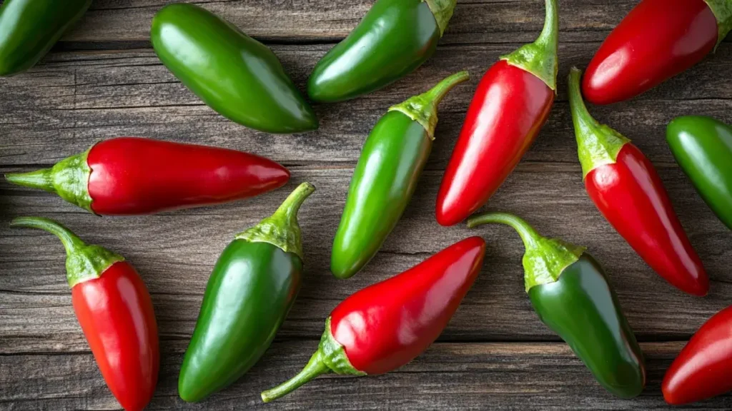 Variety of fresh jalapeno peppers in green and red on a rustic wooden background.