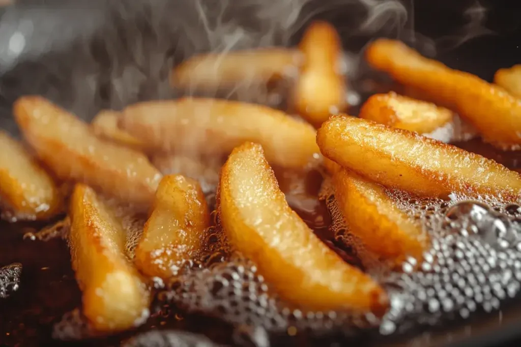 Battered fries frying in hot oil