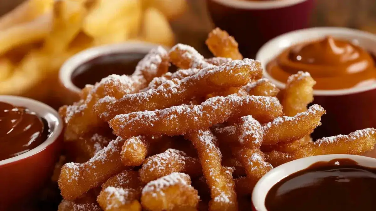 Crispy funnel cake fries with powdered sugar and dipping sauces