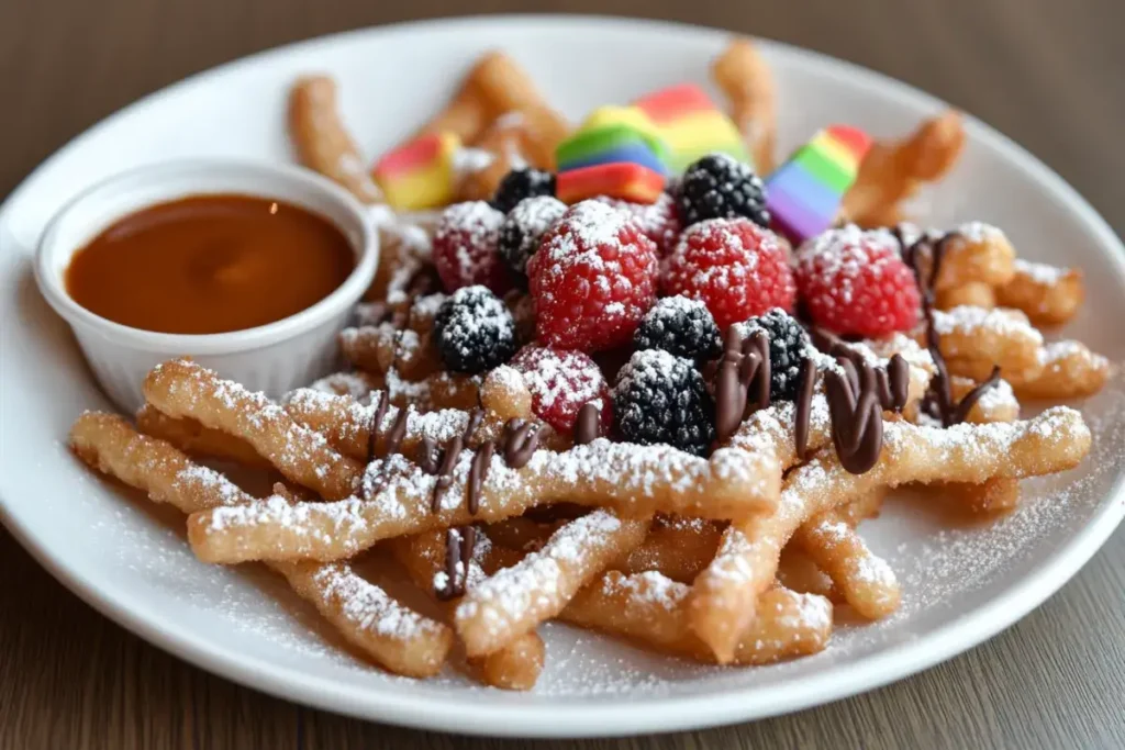 Funnel cake fries served with sprinkles and chocolate drizzle